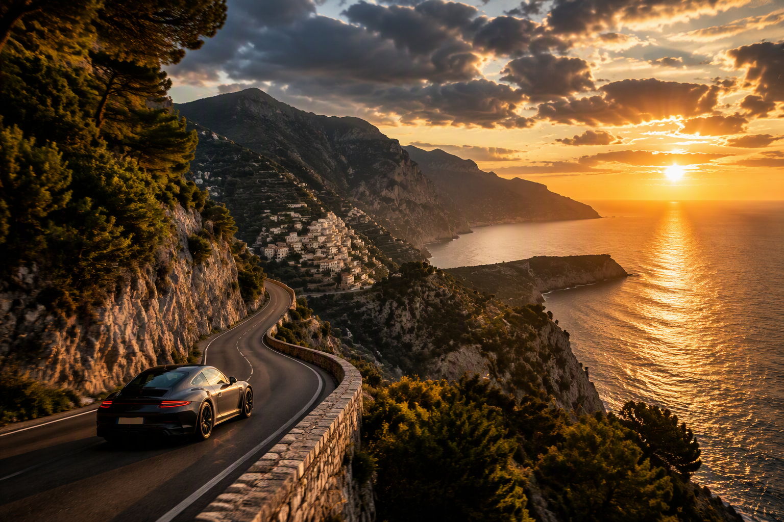 Car driving along a winding coastal road at sunset