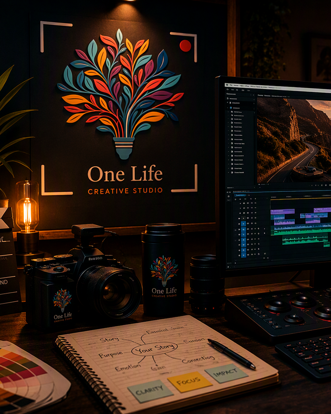 Professional video editing desk with camera gear and cinematic editing timeline
