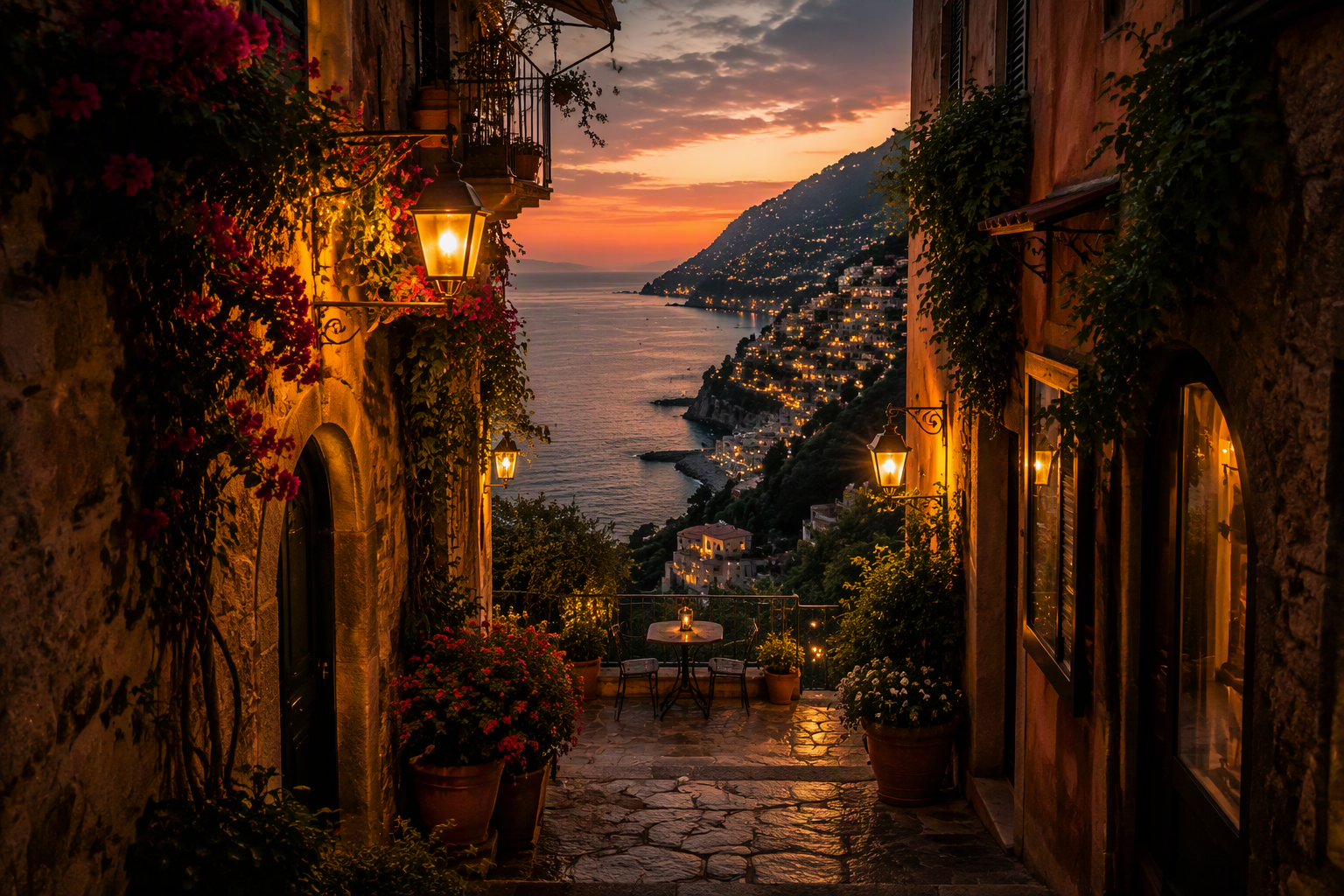 Italian street and coastal lookout at dusk